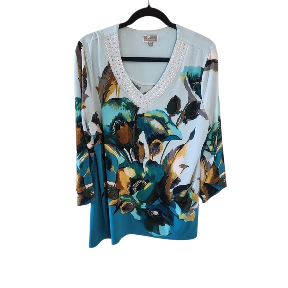 JM Collection Tops - JM Collection Blue, Green & Gold Floral V-Neck Top with Jeweled Embellishments